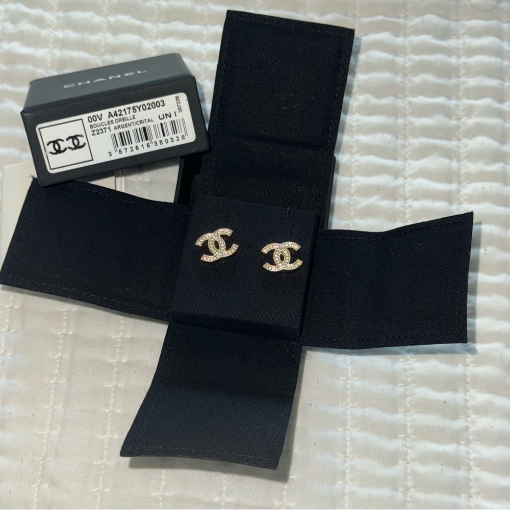 CHANEL Gold and Silver Logo Stud Earrings